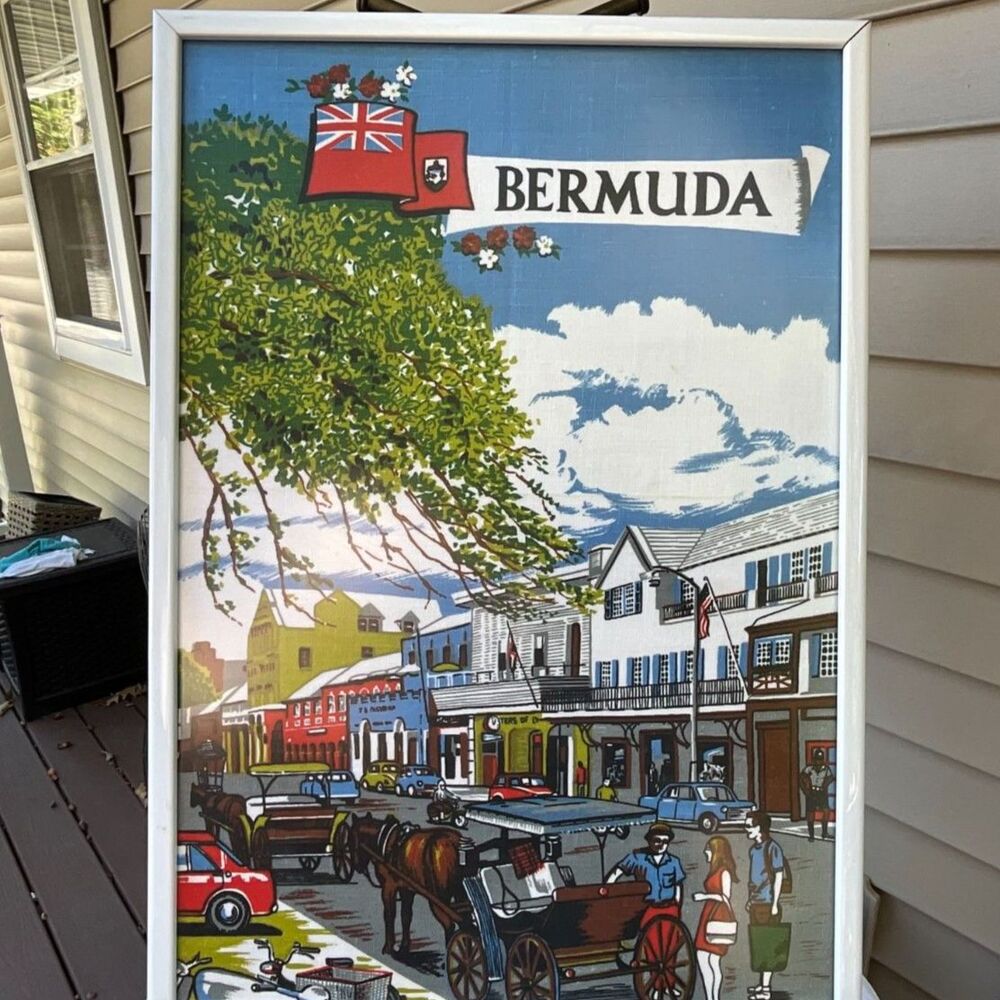 Vintage Bermuda Souvenir Linen Tea Towel Framed Travel Art Street Scene